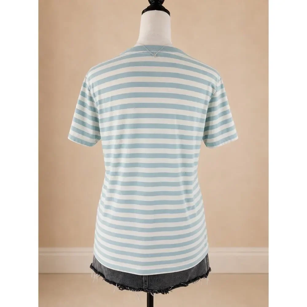 Coach Women’s Small Blue White Striped Logo T-Shirt 100% Cotton Y2K